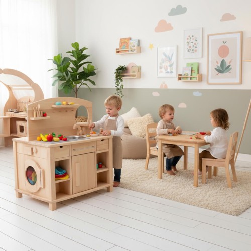 Kinderküche - Im Kindergarten, Tagespflege bespielbar - Kinder sitzen am Tisch und essen, Kind kocht Kinderküche - Im Kindergarten, Tagespflege bespielbar - Kinder sitzen am Tisch und essen, Kind kocht