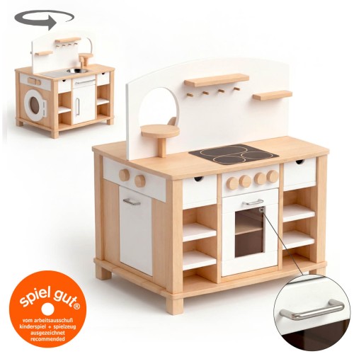 Kita-Kinderküche aus Massivholz – hochwertige Spielküche Holz beidseitig bespielbar für Kleinkinder ab 2 Jahren - Cinderella - weiß