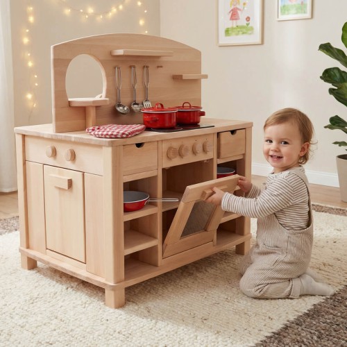 Kinderküche Cinderella Holz mit vielen Funktionen – Spielküche aus Echtholz mit Backofen und Stauraum