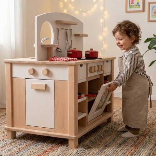 Kinderküche weiß Cinderella Holz mit vielen Funktionen – Spielküche aus Echtholz mit Backofen und Stauraum
