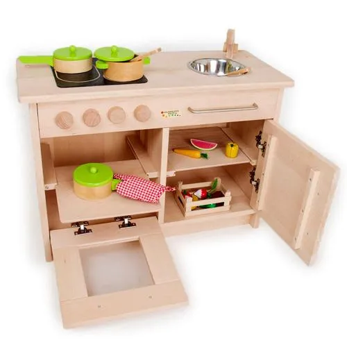 Kindergarten-Spiel-Küche aus Massivholz für U3-Kinder – pädagogisch wertvolles spielen erlernen – Kinder-Küche mit Herd, Schrank und Spüle