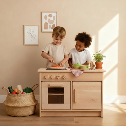 Kinderküche für Kindergarten - Zwei Kleinkinder kochen gemeinsam Kinderküche für Kindergarten - Zwei Kleinkinder kochen gemeinsam