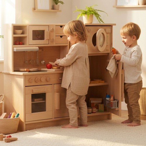 Kinderküchen Set - Spielende Kleinkinder in der Kinderküche