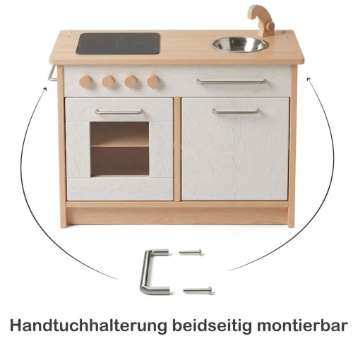 Kinderküche aus Holz mit beidseitig montierbarer Handtuchhalterung – flexible Montage links oder rechts an der Spielküche möglich