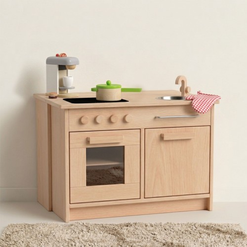 Kinderküchenblock aus Holz mit Spüle, Backofen und Waschmaschinenmodul in einem hellen Kinderzimmer