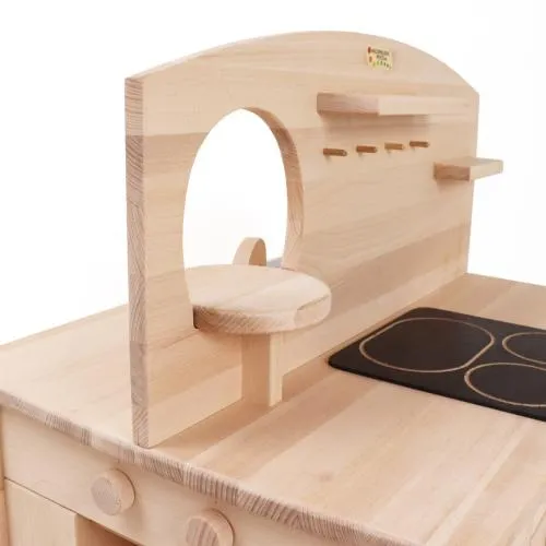 Kinder-Spiel-Küche 4-seitig natur bespielbar aus massivem Buchenholz, stabil und robust im Aufbau