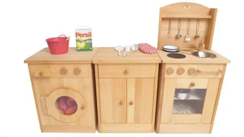 Kinder-Spiel-Küchenblock bestehend aus Waschmaschine Schrank und Küche aus massivem Buchenholz – komplette Küchenzeile für Kinder