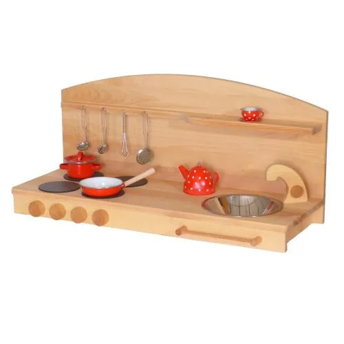 Kinder-Tisch-Küche aus Massivholz aus ökologischem Anbau – platzsparend zum Aufbau auf einem Tisch oder in einem Spielständer – mit Herdplatten und Klickschaltern