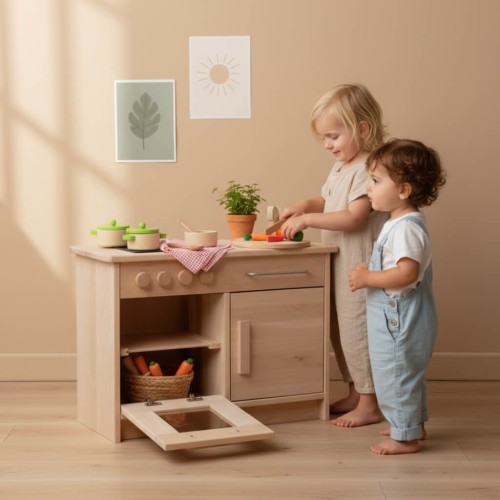 Kinderküche Kita mit Klickgeräusch Knöpfen und großen Schubladen