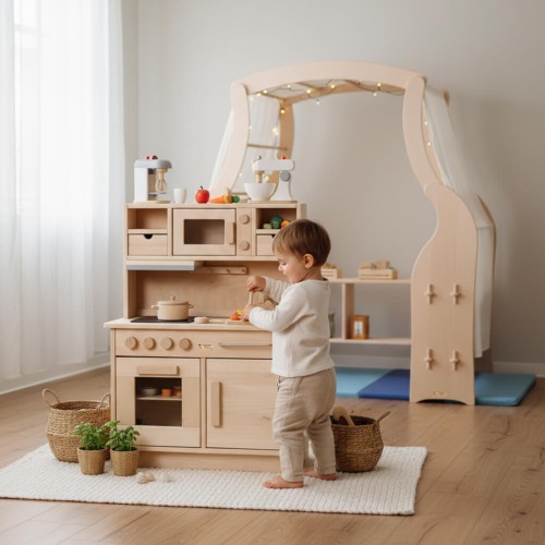 Kinderküche freistehend im Raum vor dem Spielständer