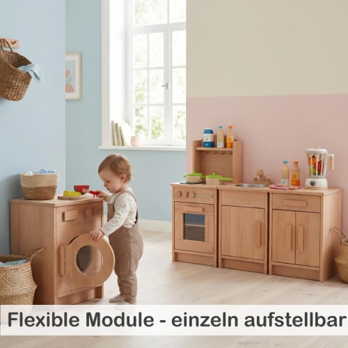 Flexible Kinderküchenmodule aus Holz einzeln aufstellbar und kombinierbar für verschiedene Räume