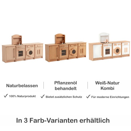Kinderküche Set aus Holz in drei Varianten: naturbelassen, geölt mit Pflanzenöl und Weiß-Natur Kombination