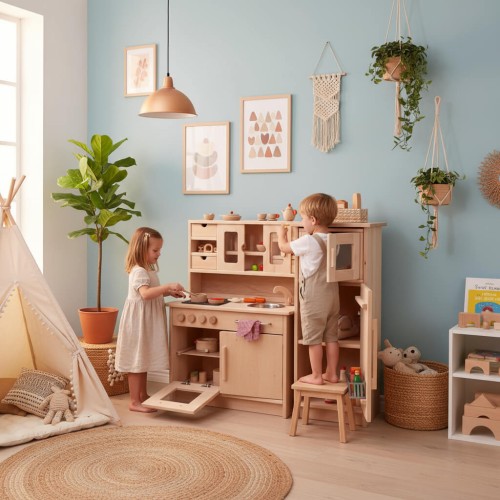 Preview: HÄNSEL Kinderküche Set mit Mikrowelle und Hochschrank groß aus Buchenholz für Kindergarten Preview: Kinderküche Set aus Massivholz