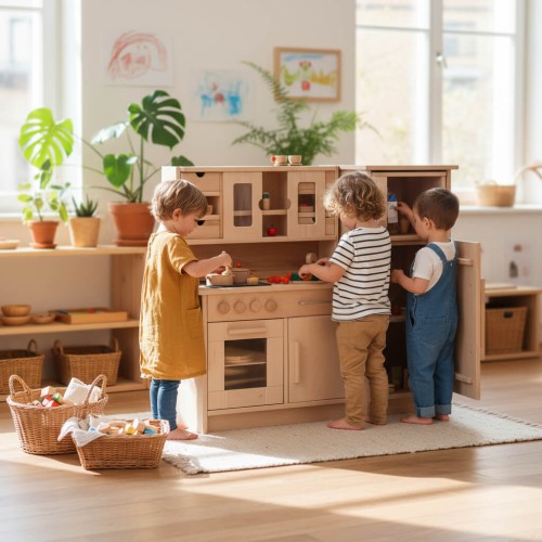 Preview: HÄNSEL Kinderküche Set mit Mikrowelle und Hochschrank groß aus Buchenholz für Kindergarten Preview: Kinderküche Set mit Mikrowelle Backofen - Spielende Kinder am Herd Backofen