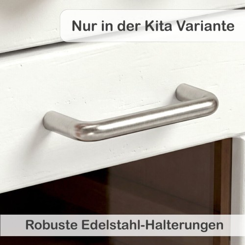 Kita-Kinderküche Cinderella weiß mit robusten Edelstahl-Halterungen – hochwertige Spielküche Vollholz mit echten Funktionen