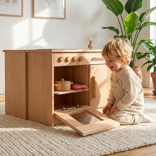 Kind spielt an einer Montessori Kinderküchenzeile aus Holz, fördert Rollenspiel und Selbstständigkeit