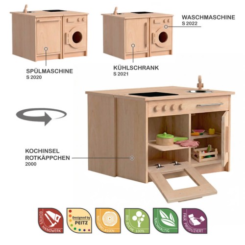 Kinderküche aus Holz mit Herd, Spüle und Backofen, realistische Funktionen für fantasievolles Rollenspiel