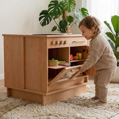 Kind spielt an einer Montessori Kinderküchenzeile aus Holz, fördert Rollenspiel und Selbstständigkeit