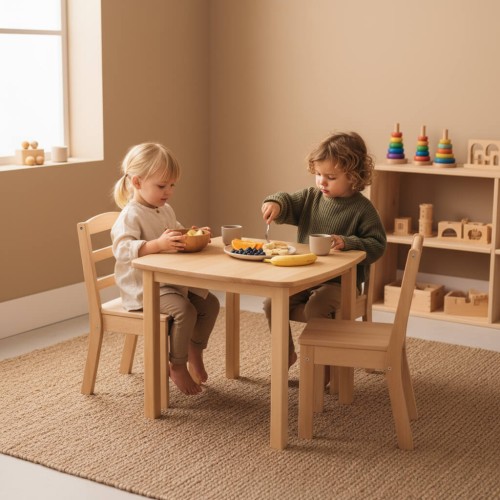 Preview: Kindersitzgruppe für 2 Personen aus massivem Buchenholz geölt | Montessori Kindertisch mit 2 Stühlen stapelbar Preview: ontessori Tisch aus Holz mit zwei Kindern beim Snack – fördert Gemeinschaft und Selbstständigkeit