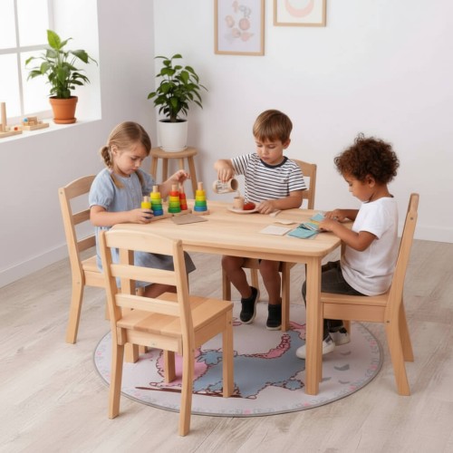 Preview: Kindersitzgruppe für 4 Personen aus massivem Buchenholz geölt | Kindertisch groß mit 4 Stühlen stapelbar Preview: Kindersitzgruppe für Kleinkinder für den Mittagstisch