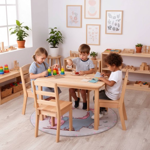 Preview: Kindersitzgruppe Weiß Natur für 4 Personen aus Buche Massivholz mit großen Kindertisch und 4 Stühle Preview: Kindersitzgruppe für Kleinkinder für den Mittagstisch