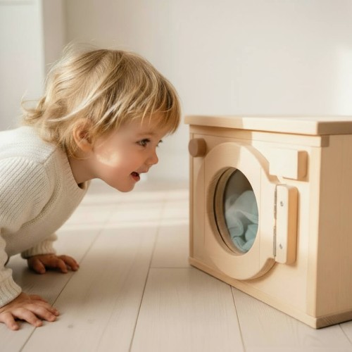 Preview: Kinderwaschmaschine aus Buche – steht frei auf Holzboden im Kinderzimmer, zeigt hochwertiges Holzdesign und fördert Rollenspiel im Alltag