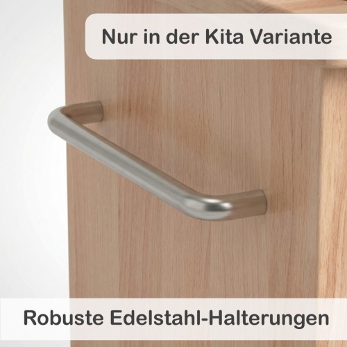 Kita Kinderküche Däumelinchen mit robusten Edelstahl-Halterungen – stabile Holzküche für den täglichen Einsatz