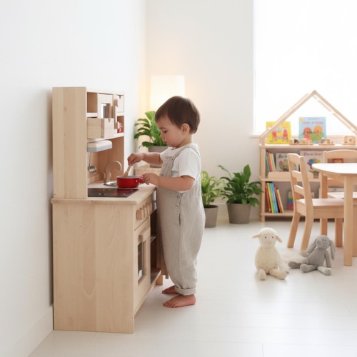 Kinderküche aus Holz mit klickenden Drehknöpfen am Herd