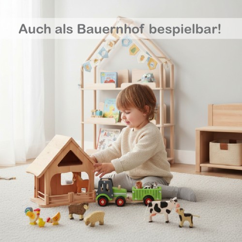 Ein Kind spielt mit dem Bauernhof aus massivem Holz mit Tieren von Holzspielzeug Peitz