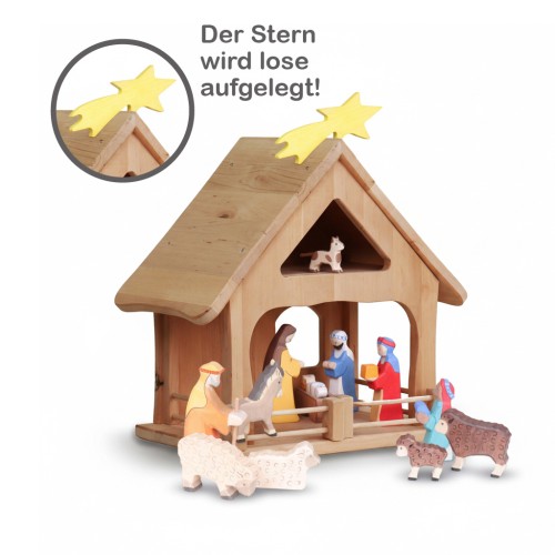 Krippe fuer Weihnachten aus massivem Holz mit Figuren und Tieren und Stern