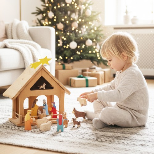 Kind spielt mit der Weihnachtskrippe und den Figuren und Tieren aus massivem Holz im Wohnzimmer