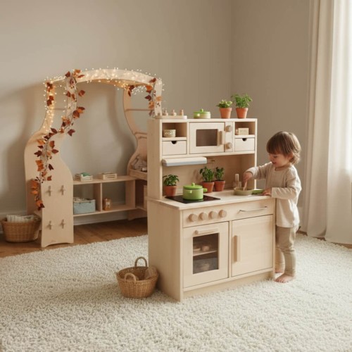 Spielküche - Spielendes Kind mit Spielständer im Hintergrund