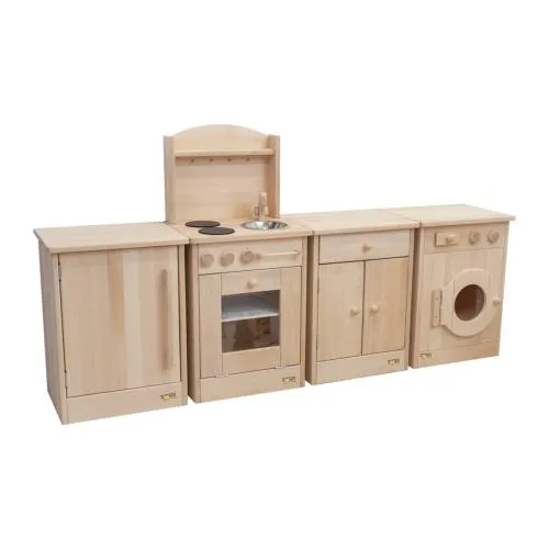 küchenblock bestehend aus Kühlschrank Lares, Waschmaschine Frau Holle, Kinderschrank Butler und Kinderküche Däumelinchen
