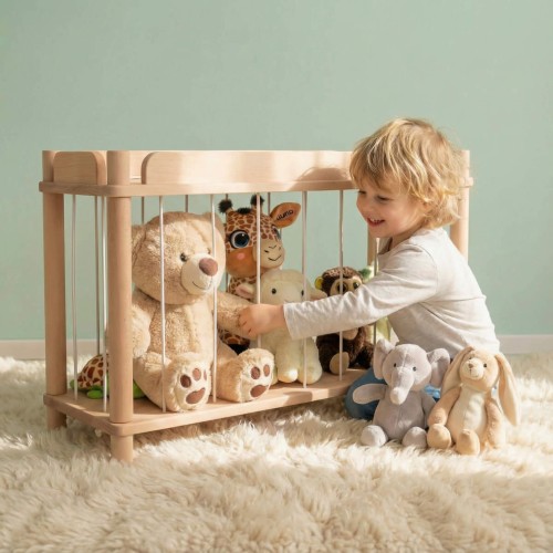 Preview: Kuscheltier Zoo aus Holz im hellen Kinderzimmer – Montessori Aufbewahrung für Kuscheltiere