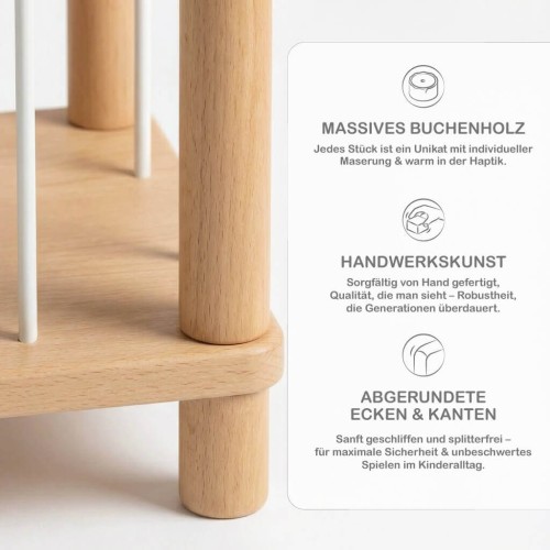 Detailaufnahme des Kuscheltier Zoos aus massivem Buchenholz mit hochwertiger Verarbeitung