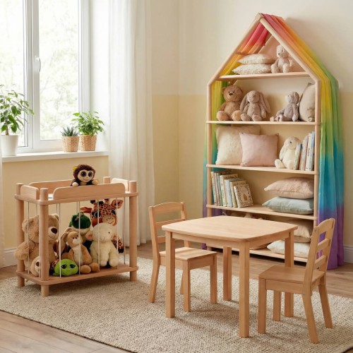 Kuscheltier Zoo aus Holz integriert in ein Montessori-Kinderzimmer mit Sitzgruppe und Regal