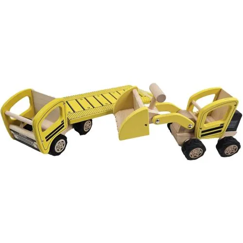 Kinder Baustellen Fahrzeug Set aus Holz mit LKW Tieflader + Radlader