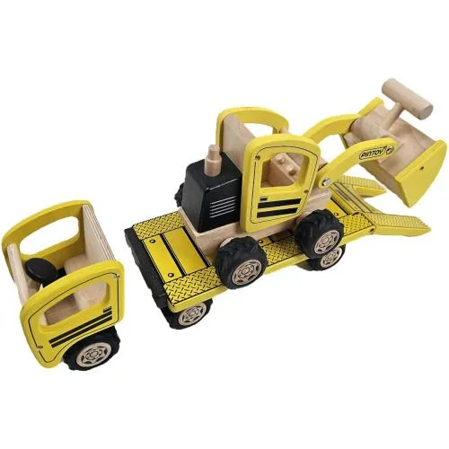 Kinder Baustellen Fahrzeug Set aus Holz mit LKW Tieflader + Radlader