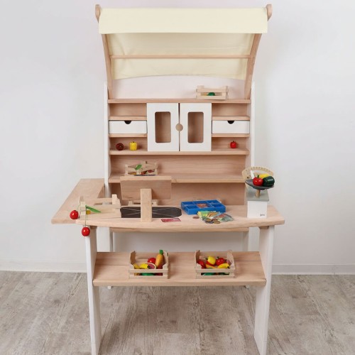 Markise Kaufladen in Beige für Kita Marktstand - mit Deko zur Ansicht