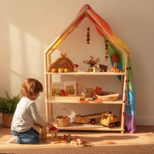 Preview: Montessori Bücherregal Bergen - aus Naturholz - als Themenregal der Jahreszeiten