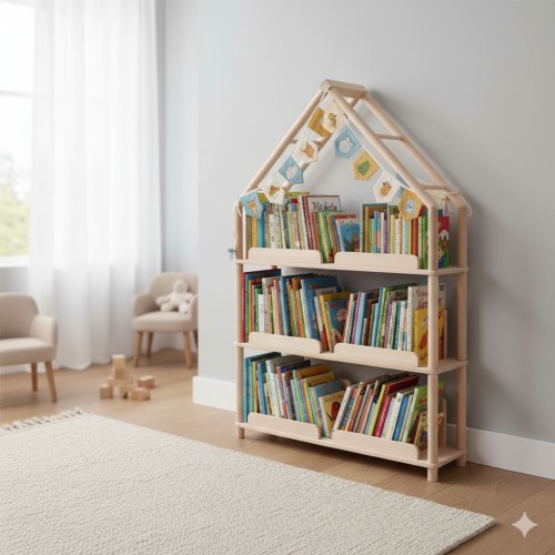 im Kinderzimmer ein Bücherregal Austellerregal zum selber bedienen für die Kinder