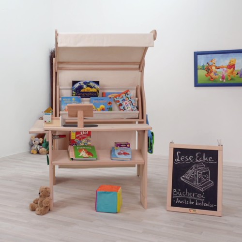 Montessori Kreidetafel mit Bücherregal kombinierbar für Kaufladen Spielständer