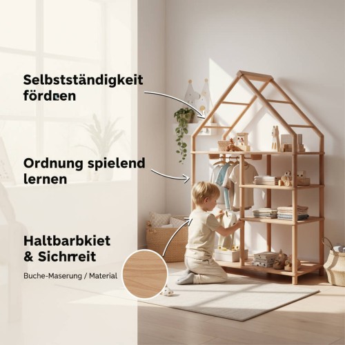 Preview: Kinder Kleiderschrank offen nach Montessori aus Buche mit Regal Preview: Selbstständigkeit fördern, Ordnung lernen, natürliche Materialien – die wichtigsten Vorteile auf einen Blick.