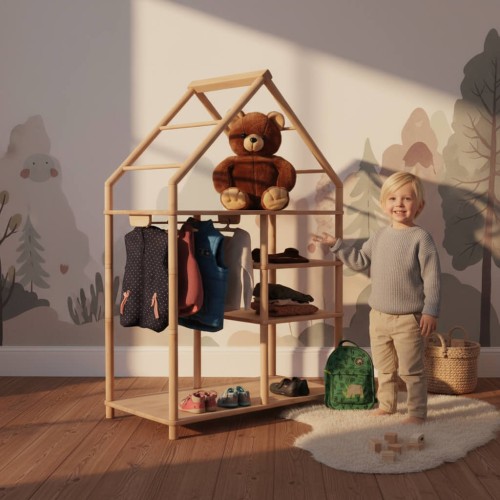 Preview: Kinder Kleiderschrank offen nach Montessori aus Buche mit Regal Preview: Kind hängt Kleidung in Montessori Kleiderschrank aus Buche ein, helles Kinderzimmer mit warmem Tageslicht und natürlichem Montessori-Stil.