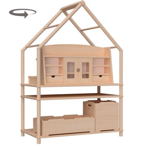 Montessori Spielregal mit Aufräumkisten und Kinderküche