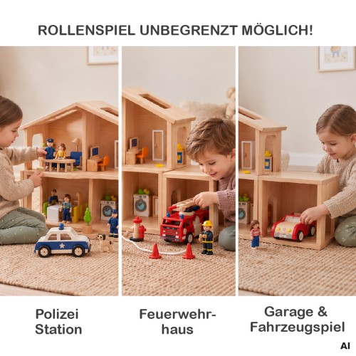 Kind spielt an einem Holzpuppenhaus mit angebauter Garage, rotem Auto und eingerichteten Zimmern