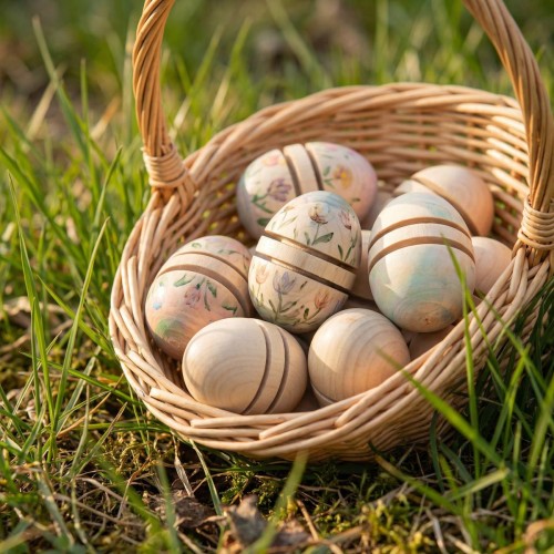 Weidenkorb mit natur Holz-Ostereiern im Gras – nachhaltige Ostereier für Kinder