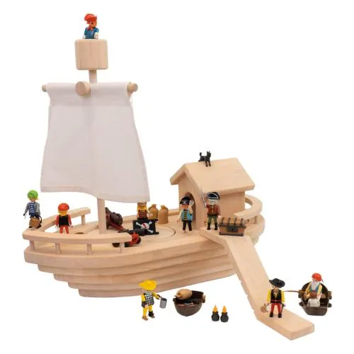 Arche und Piratenschiff mit Hütte als Kajüte, Rampe und Segelmast aus Massivholz natur, nachhaltig, mit Playmobil Piraten