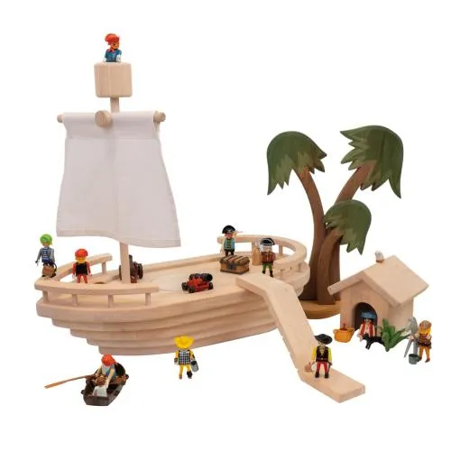 Kinder Arche und Kinder-Piratenschiff mit Segelmast, Segel und Mastkorb, Hütte und Rampe mit Playmobil Piraten und Holzpalme