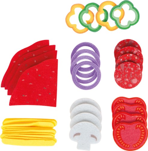 Pizza Zutaten aus Filz: Salami, Käse, Paprika, Zwiebeln, Pilze und Tomaten